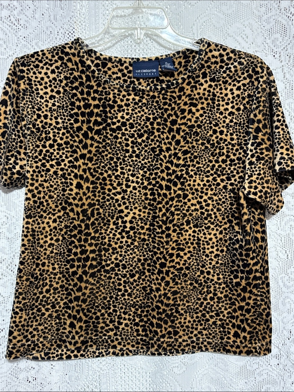 Liz Claiborne Short Sleeve VELOUR Leopard Print Top - Tan & Black sizeXL